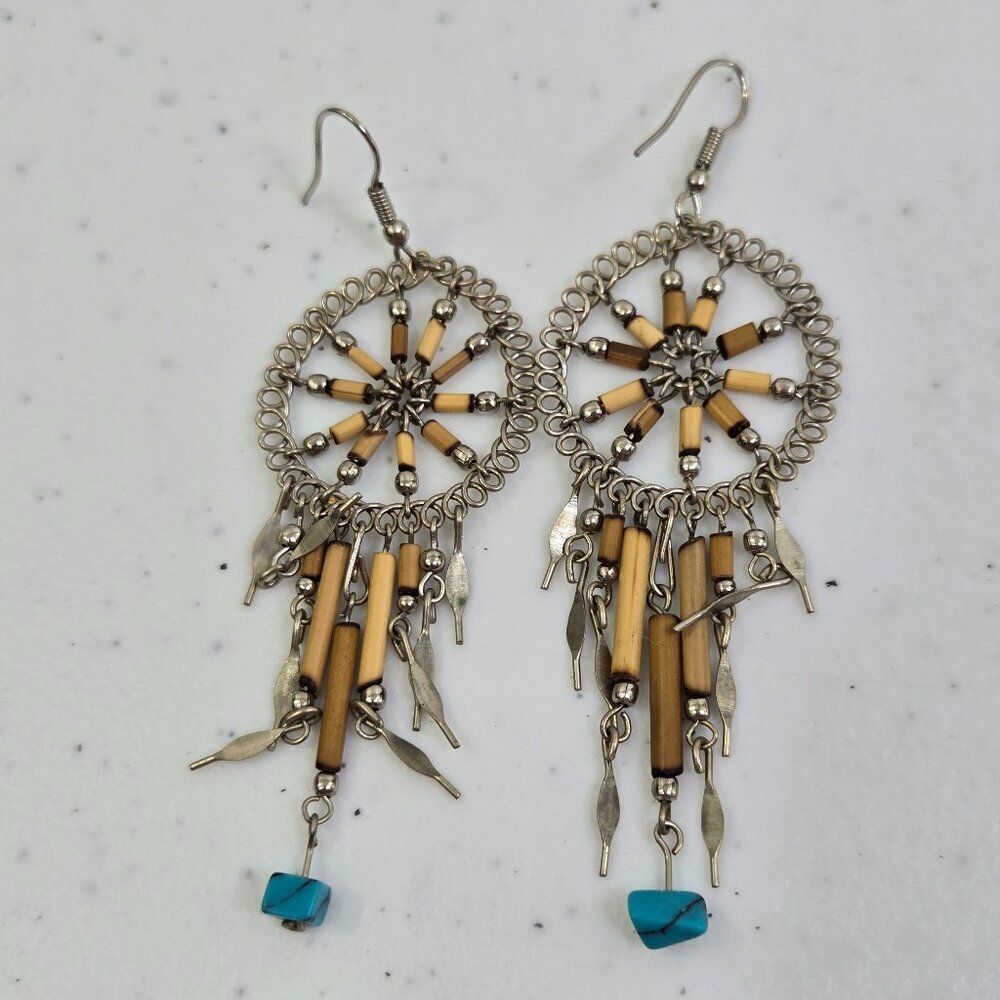 Vintage Dreamcatcher Beaded Earrings Tassel Blue Silver Tone Boho Native Tribal